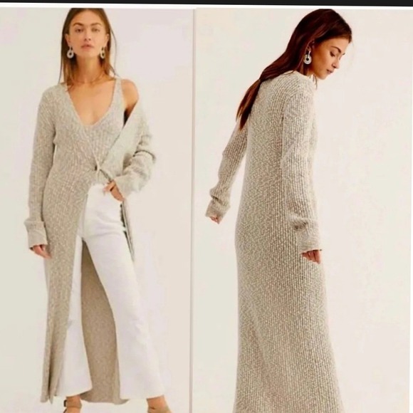 Free People Sweaters - Free People Places to Go Maxi Cardigan Duster Oatmeal Beige Knit Sweater Medium